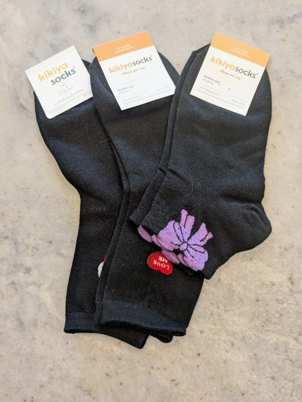 Kikiya Socks NWT 3 Pack Black Teddy Bear Love Heart Purple Bow Women 23-25cm